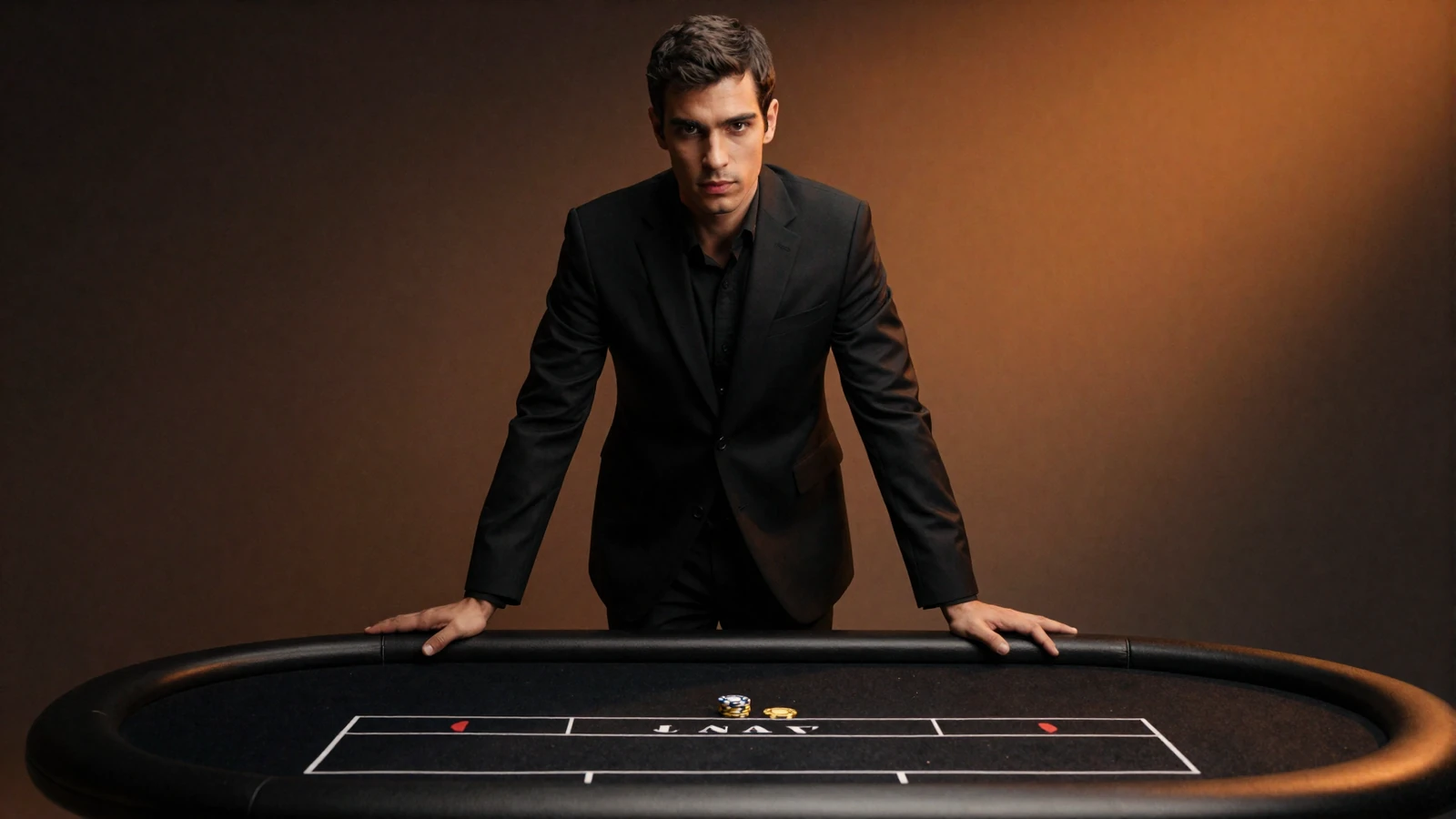 Vox Casino Modell in schwarzem Anzug am minimalistischen Casinotisch mit goldener Pokerchip - bestes Online Casino Deutschland