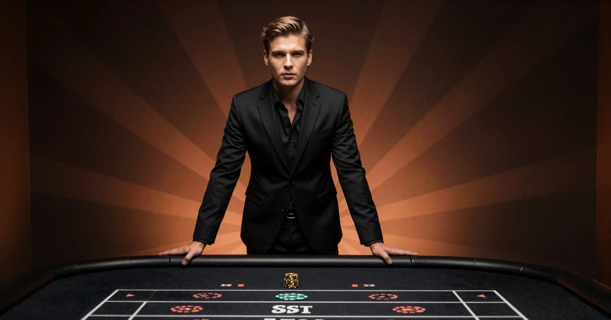 Model im schwarzen Hosenanzug wirft goldene M&uuml;nzen in die Luft vor dunklem Casino-Hintergrund - Vox Casino Bonus ohne Einzahlung